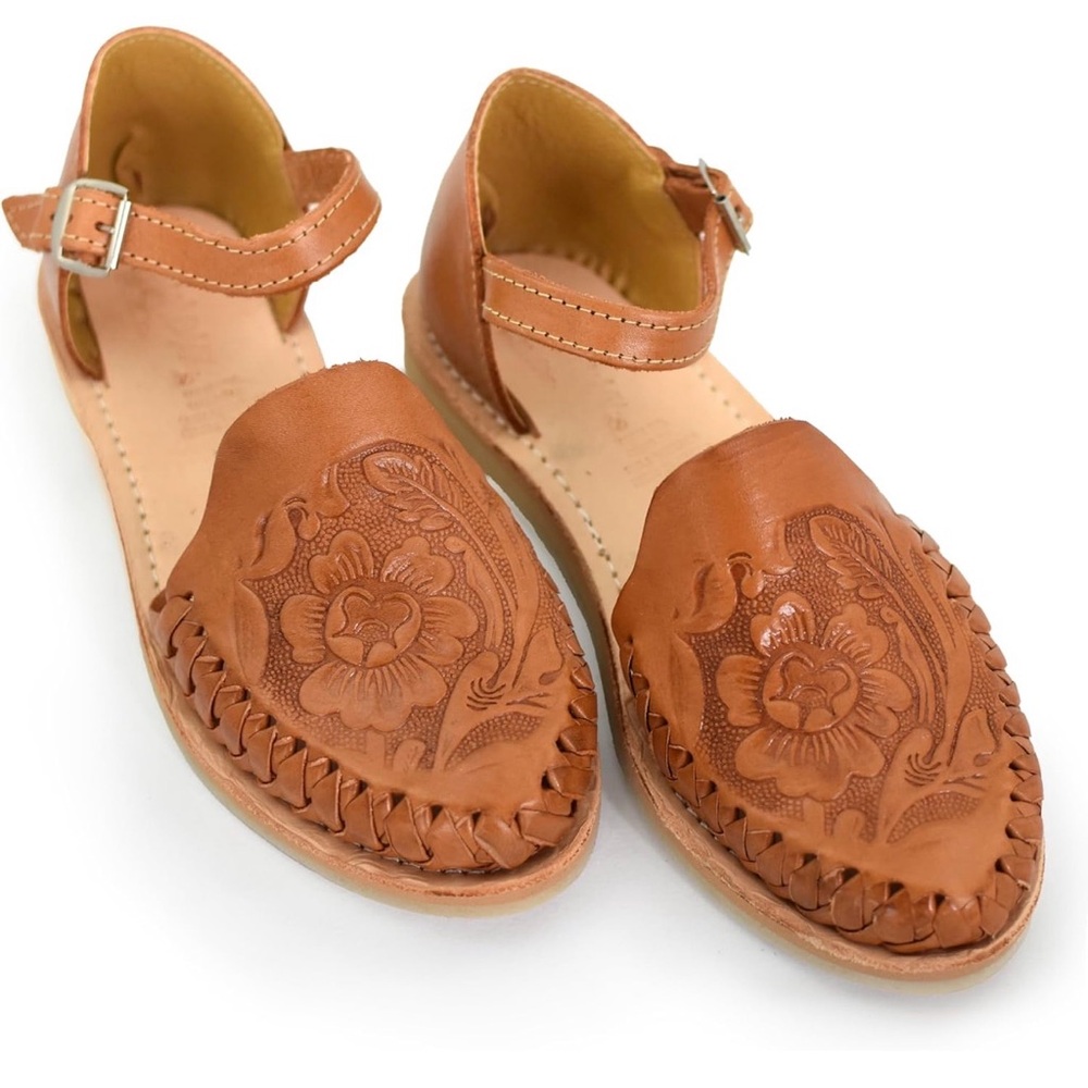 Women's Tan Leather Floral Huarache Flats with Ankle Strap